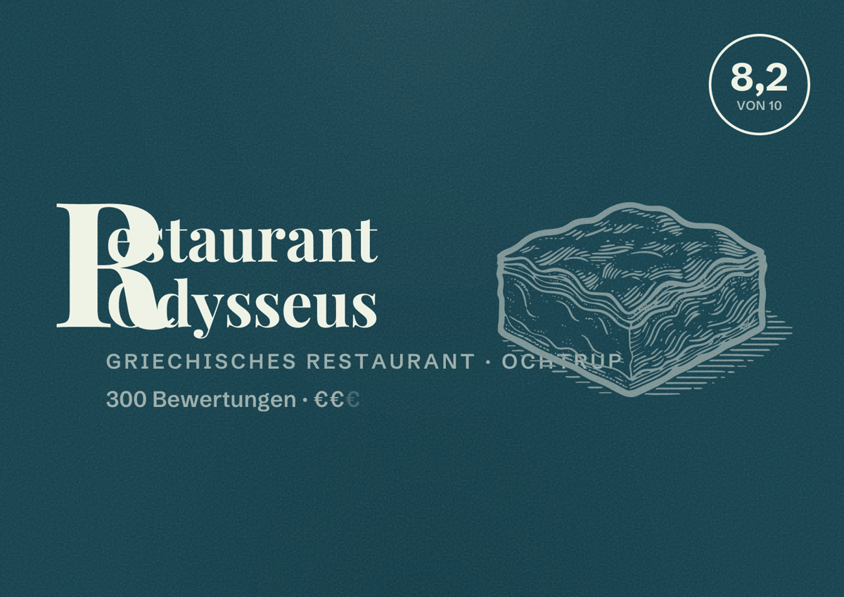 Illustriertes Poster von Restaurant Odysseus, Griechisches Restaurant in Ochtrup: Bewertung 8,2 von 10 aus 300 Bewertungen, Preisniveau €€