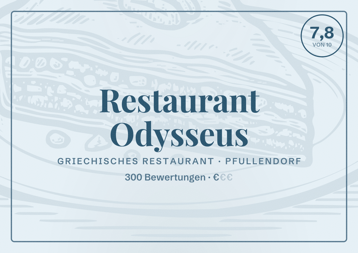 Illustriertes Poster von Restaurant Odysseus, Griechisches Restaurant in Pfullendorf: Bewertung 7,8 von 10 aus 300 Bewertungen, Preisniveau €