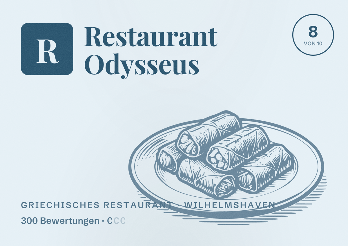 Illustriertes Poster von Restaurant Odysseus, Griechisches Restaurant in Wilhelmshaven: Bewertung 8 von 10 aus 300 Bewertungen, Preisniveau €