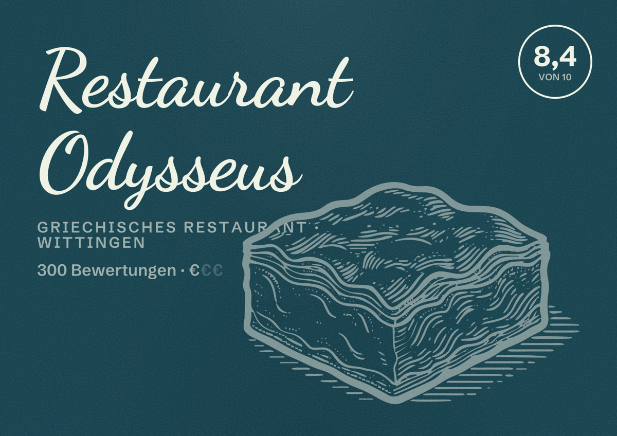 Illustriertes Poster von Restaurant Odysseus, Griechisches Restaurant in Wittingen: Bewertung 8,4 von 10 aus 300 Bewertungen, Preisniveau €