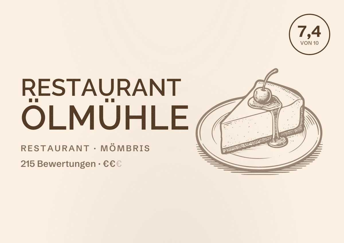 Illustriertes Poster von Restaurant Ölmühle, Restaurant in Mömbris: Bewertung 7,4 von 10 aus 215 Bewertungen, Preisniveau €€