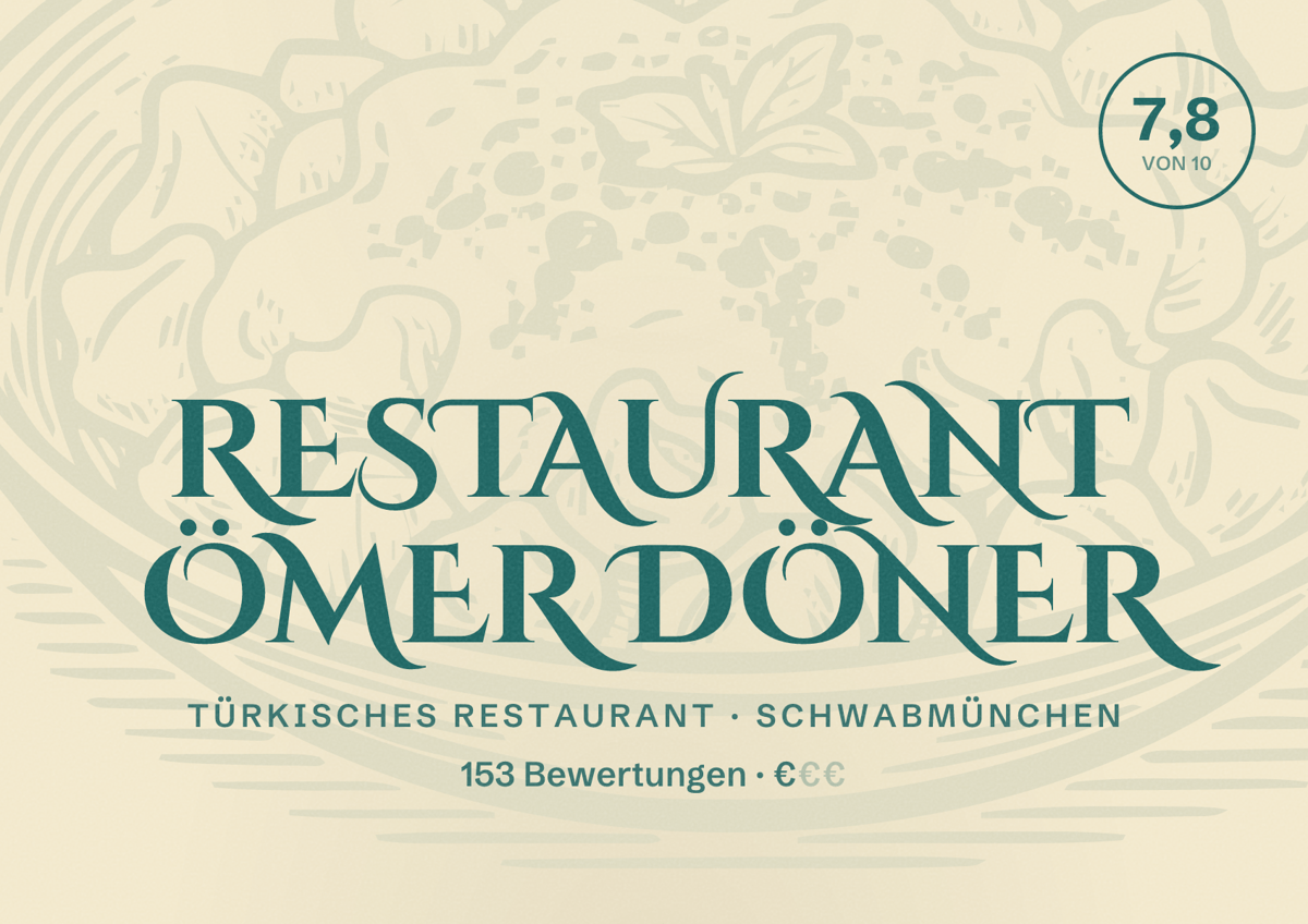Illustriertes Poster von Restaurant Ömer Döner, Türkisches Restaurant in Schwabmünchen: Bewertung 7,8 von 10 aus 153 Bewertungen, Preisniveau €