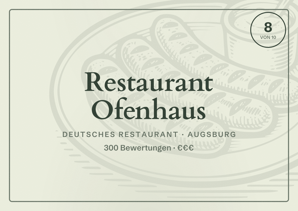 Illustriertes Poster von Restaurant Ofenhaus, Deutsches Restaurant in Augsburg: Bewertung 8,0 von 10 aus 300 Bewertungen, Preisniveau €€€