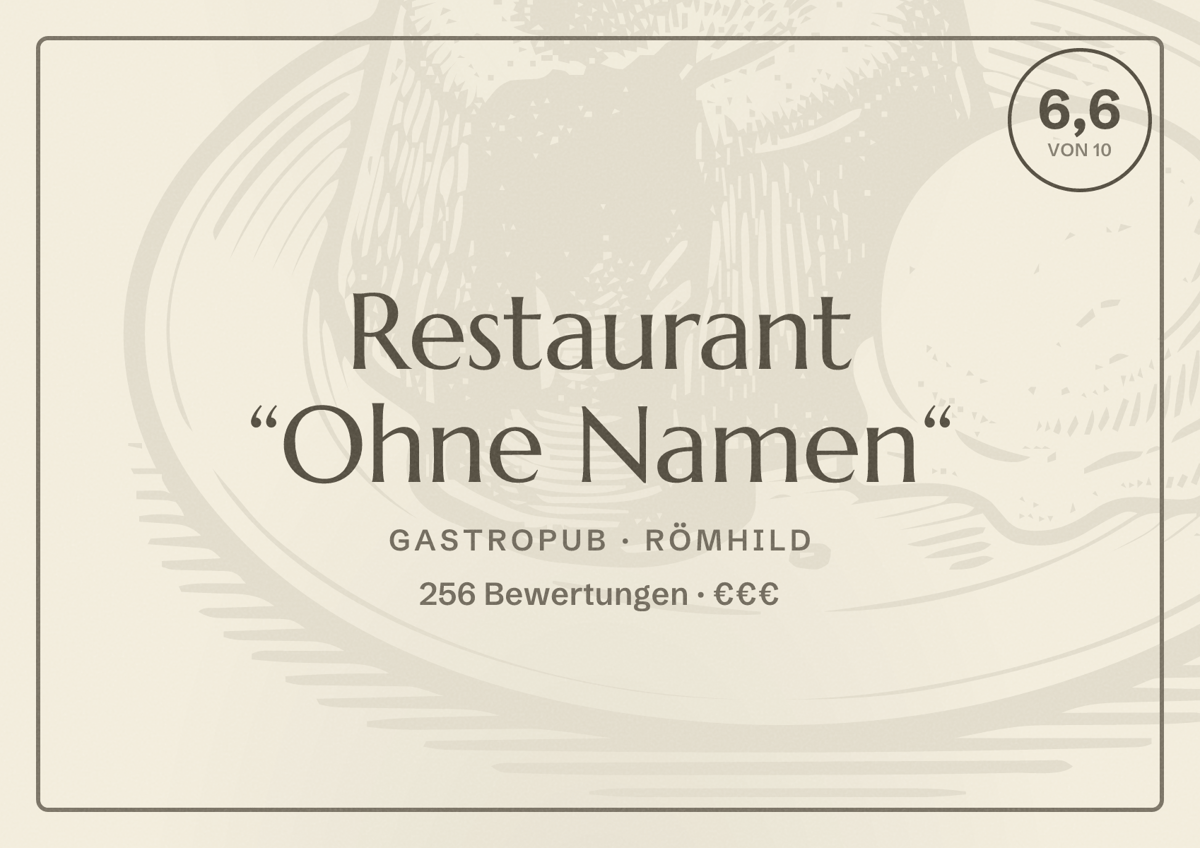 Illustriertes Poster von Restaurant “Ohne Namen“, Gastropub in Römhild: Bewertung 6,6 von 10 aus 256 Bewertungen, Preisniveau €€€