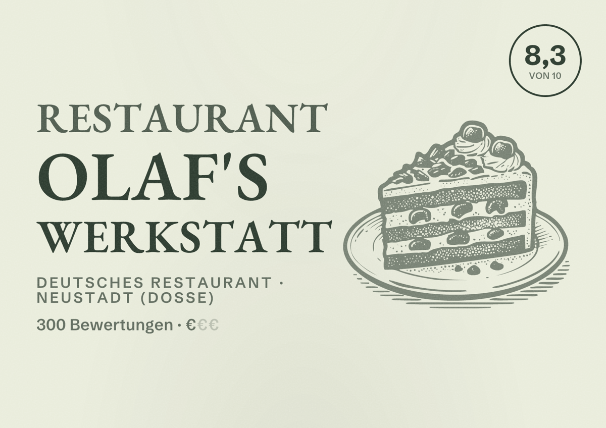 Illustriertes Poster von Restaurant Olaf's Werkstatt, Deutsches Restaurant in Neustadt (Dosse): Bewertung 8,3 von 10 aus 300 Bewertungen, Preisniveau €