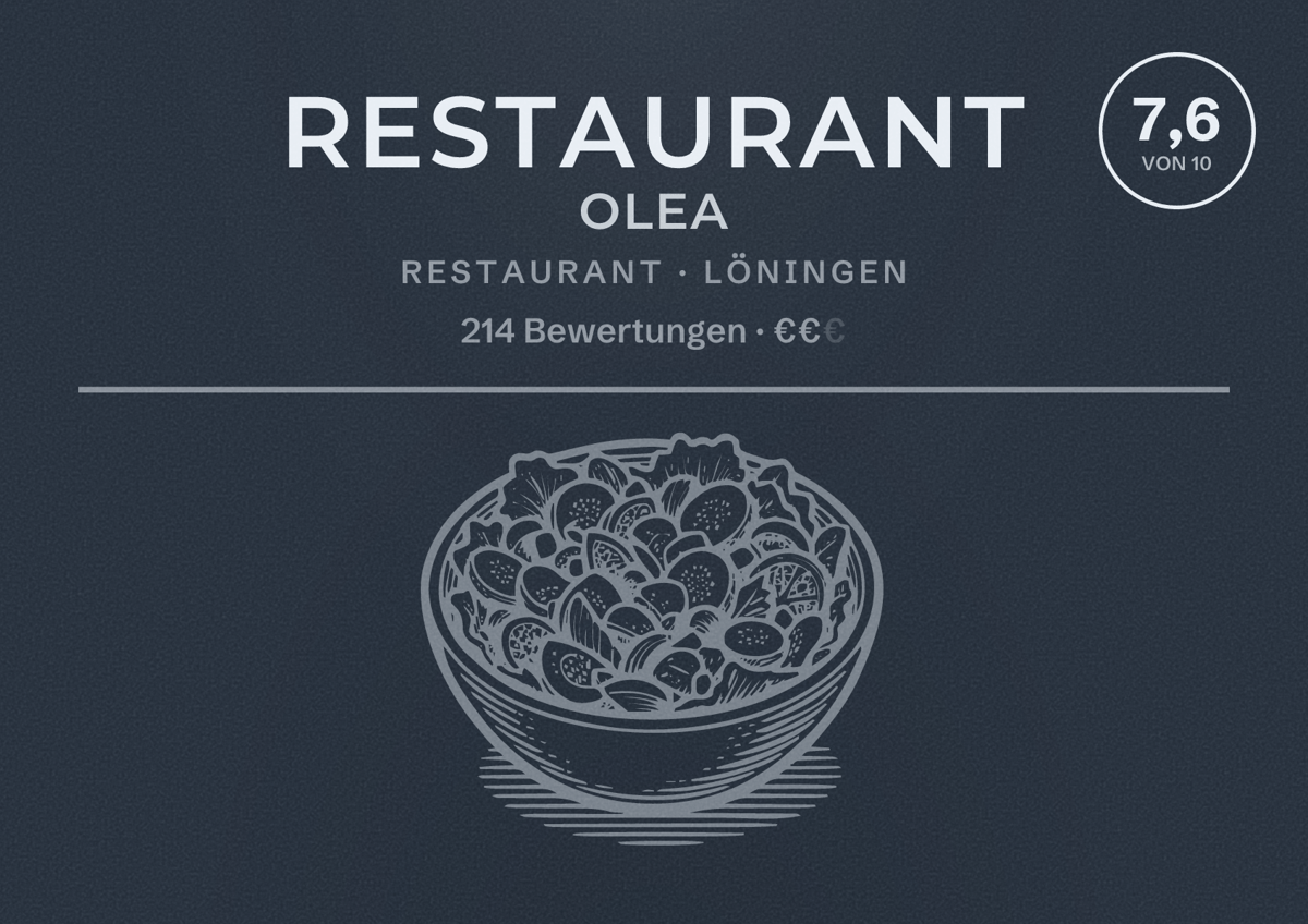 Illustriertes Poster von Restaurant Olea, Restaurant in Löningen: Bewertung 7,6 von 10 aus 214 Bewertungen, Preisniveau €€