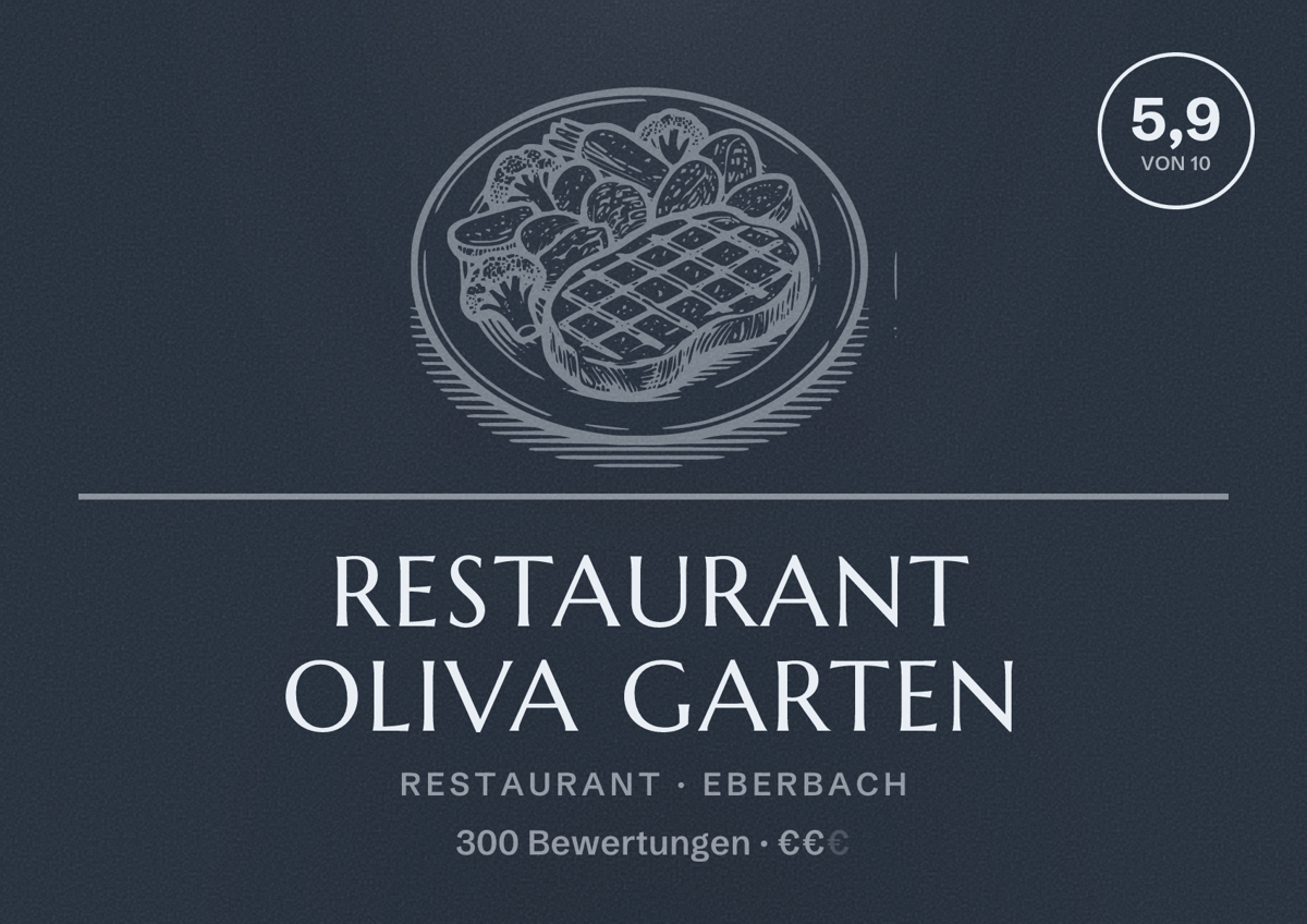 Illustriertes Poster von Restaurant Oliva Garten, Restaurant in Eberbach: Bewertung 5,9 von 10 aus 300 Bewertungen, Preisniveau €€