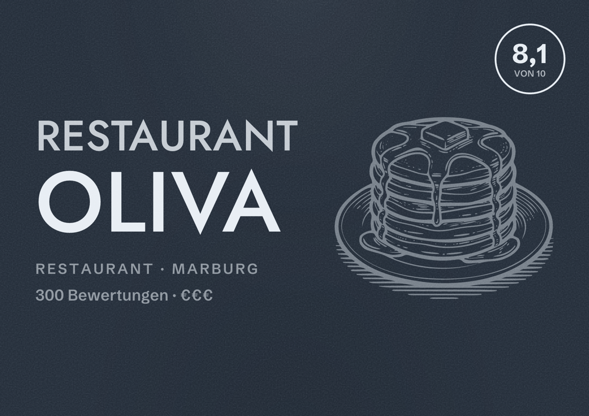 Illustriertes Poster von Restaurant OLIVA, Restaurant in Marburg: Bewertung 8,1 von 10 aus 300 Bewertungen, Preisniveau €€€
