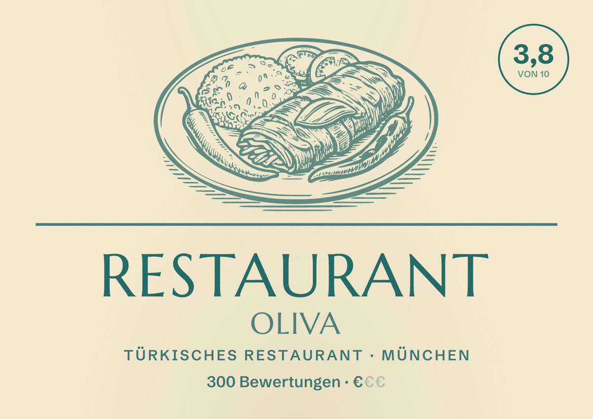 Illustriertes Poster von Restaurant Oliva, Türkisches Restaurant in München: Bewertung 3,8 von 10 aus 300 Bewertungen, Preisniveau €