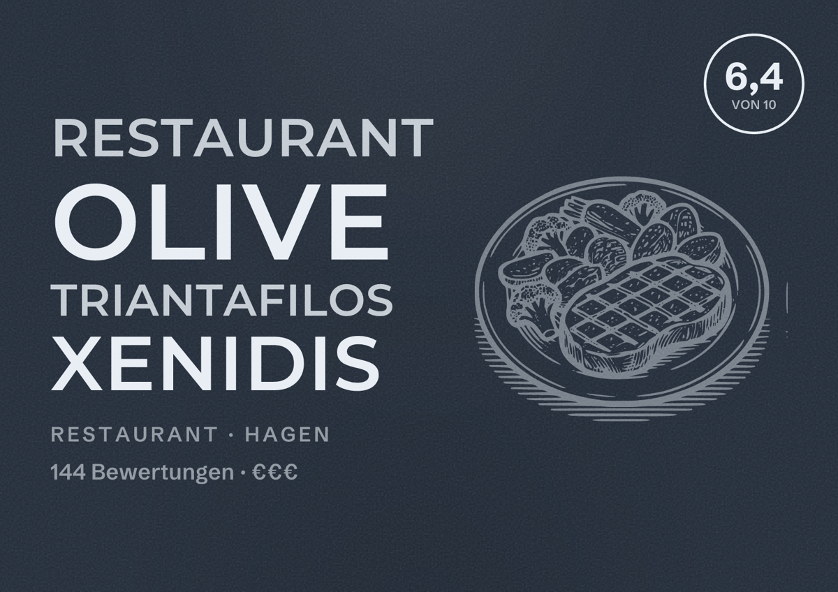 Illustriertes Poster von Restaurant Olive Triantafilos Xenidis, Restaurant in Hagen: Bewertung 6,4 von 10 aus 144 Bewertungen, Preisniveau €€€