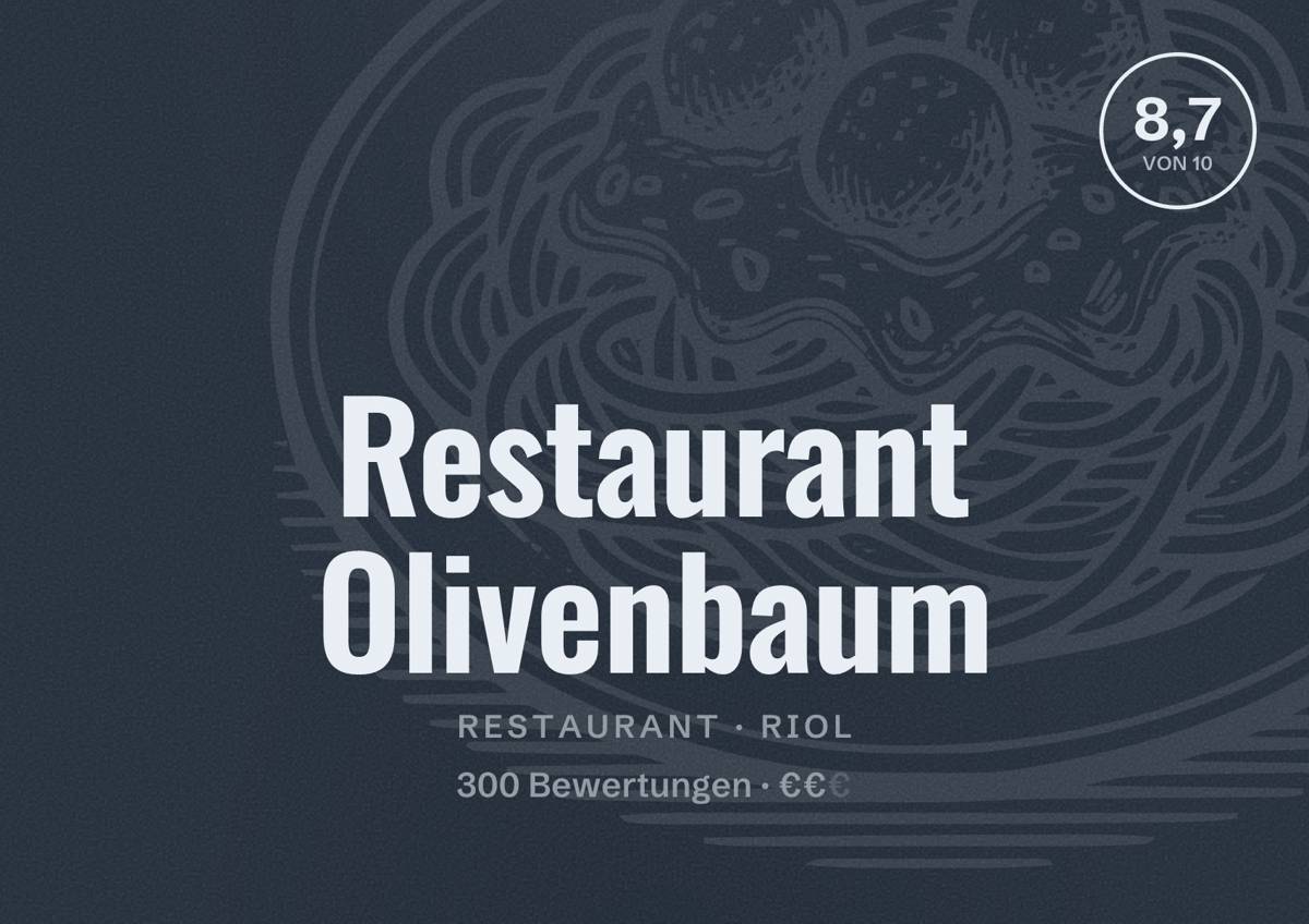 Illustriertes Poster von Restaurant Olivenbaum, Restaurant in Riol: Bewertung 8,7 von 10 aus 300 Bewertungen, Preisniveau €€