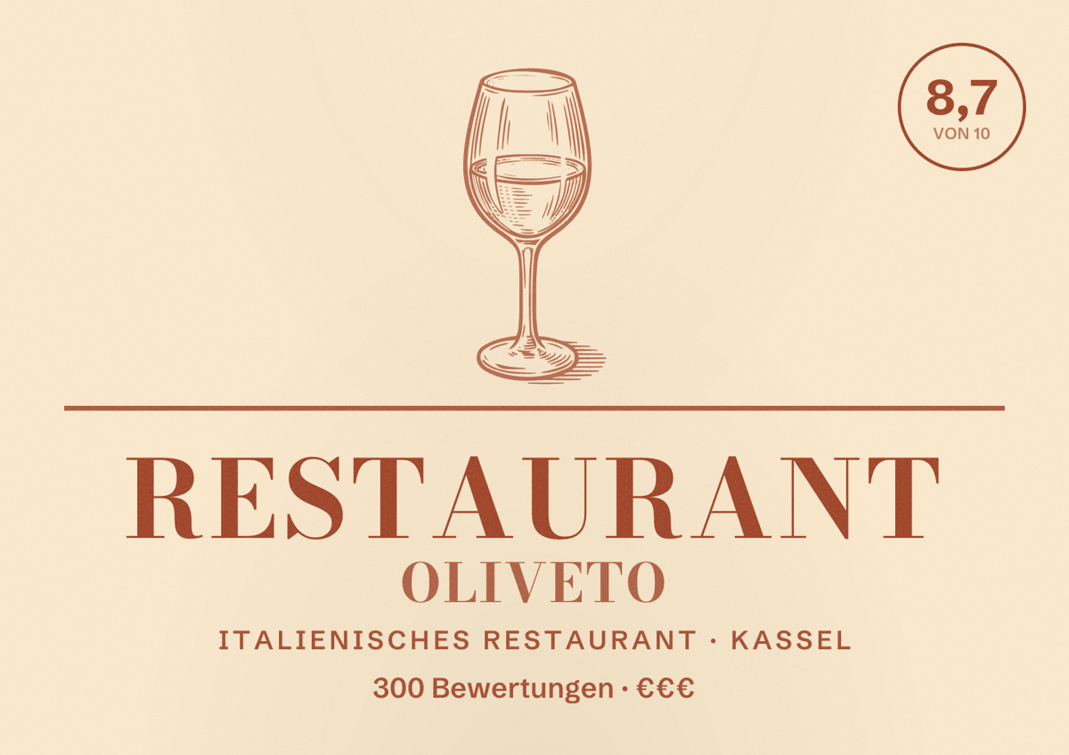 Illustriertes Poster von Restaurant Oliveto, Italienisches Restaurant in Kassel: Bewertung 8,7 von 10 aus 300 Bewertungen, Preisniveau €€€