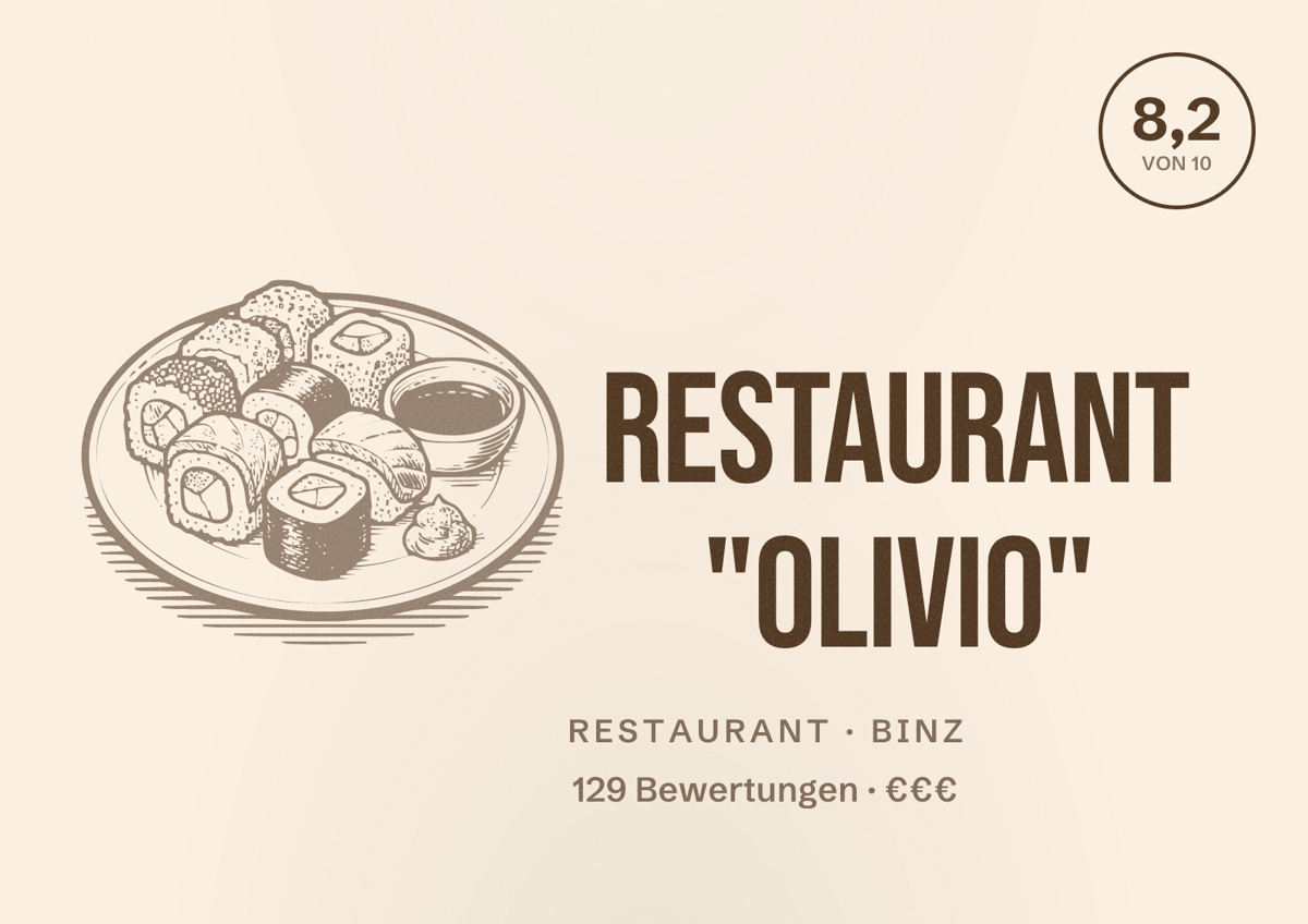Illustriertes Poster von Restaurant "olivio", Restaurant in Binz: Bewertung 8,2 von 10 aus 129 Bewertungen, Preisniveau €€€