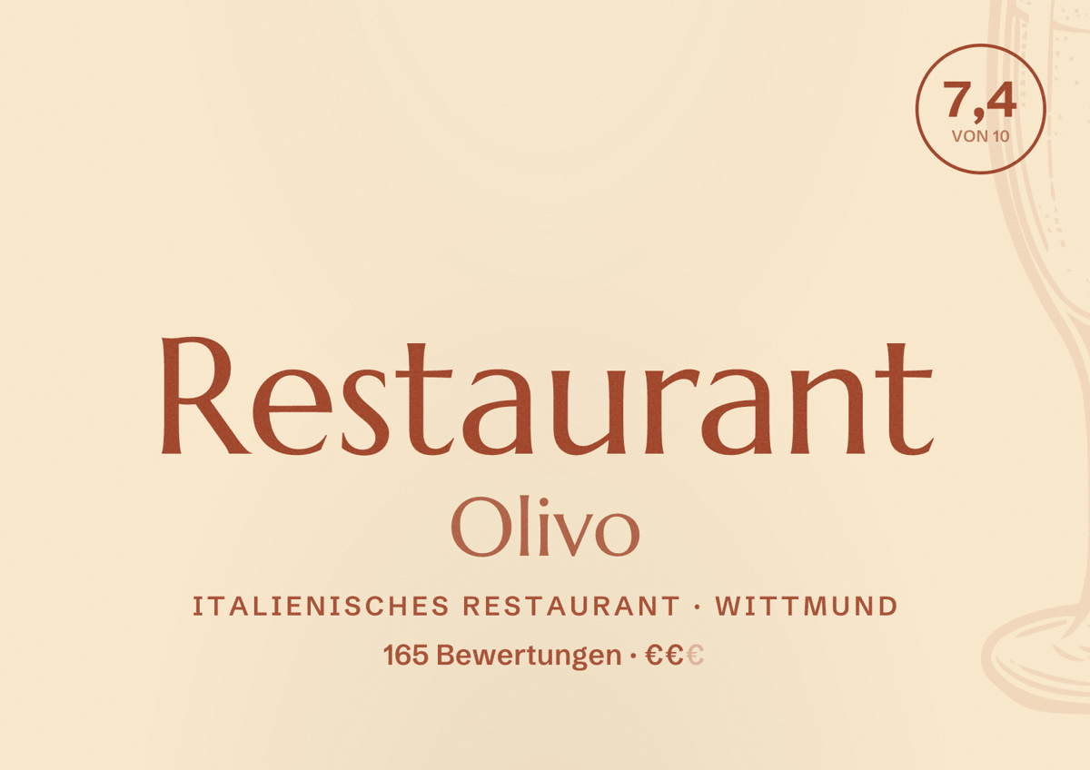 Illustriertes Poster von Restaurant Olivo, Italienisches Restaurant in Wittmund: Bewertung 7,4 von 10 aus 165 Bewertungen, Preisniveau €€
