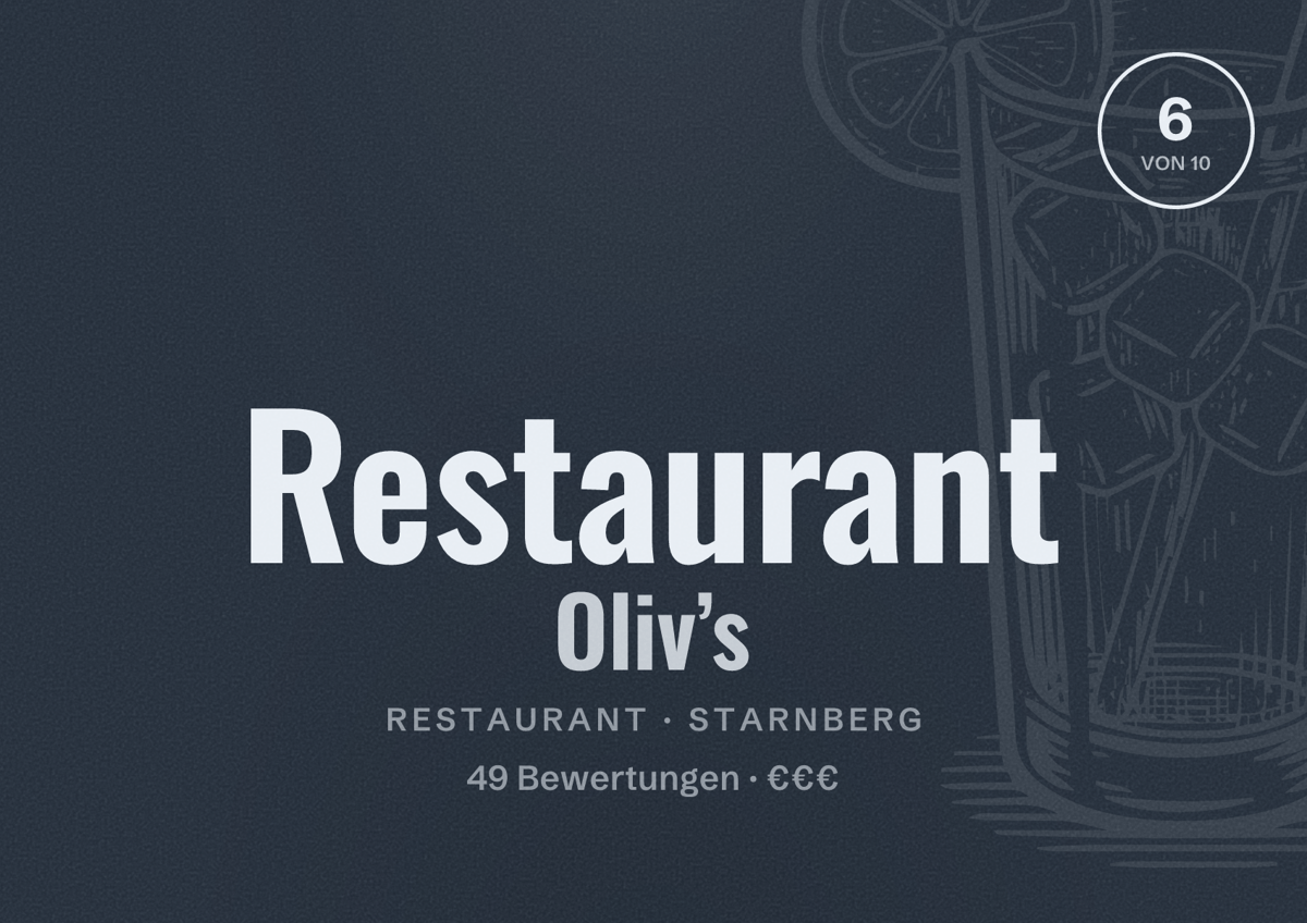 Illustriertes Poster von Restaurant Oliv’s, Restaurant in Starnberg: Bewertung 6 von 10 aus 49 Bewertungen, Preisniveau €€€