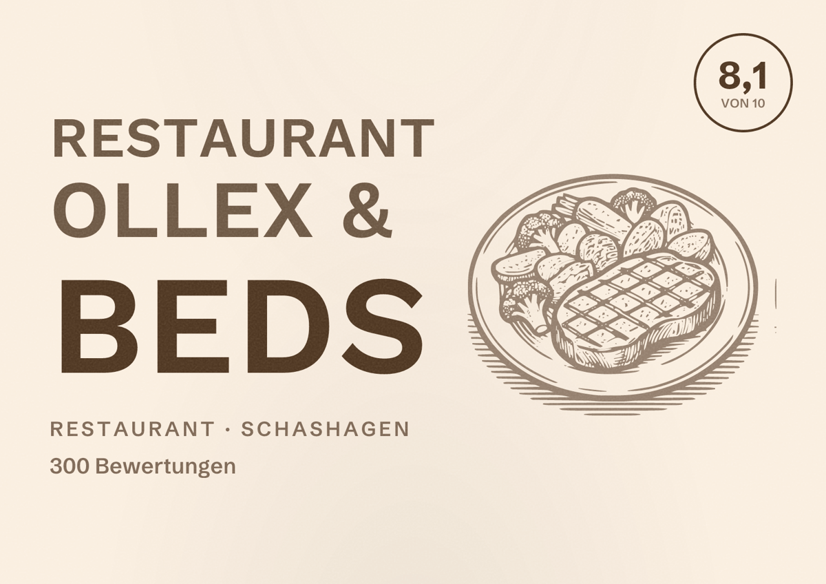 Illustriertes Poster von Restaurant Ollex & beds, Restaurant in Schashagen: Bewertung 8,1 von 10 aus 300 Bewertungen