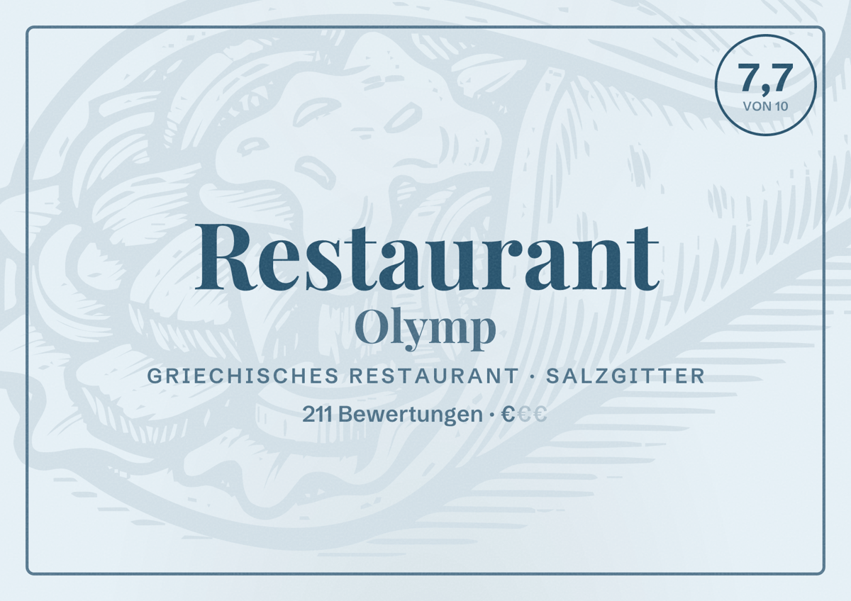 Illustriertes Poster von Restaurant Olymp, Griechisches Restaurant in Salzgitter: Bewertung 7,7 von 10 aus 211 Bewertungen, Preisniveau €
