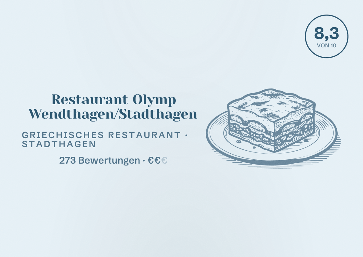 Illustriertes Poster von Restaurant Olymp Wendthagen/Stadthagen, Griechisches Restaurant in Stadthagen: Bewertung 8,3 von 10 aus 273 Bewertungen, Preisniveau €€