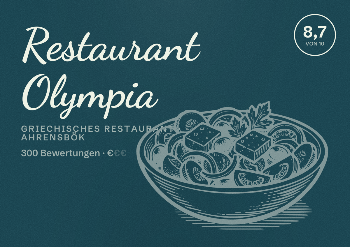 Illustriertes Poster von Restaurant Olympia, Griechisches Restaurant in Ahrensbök: Bewertung 8,7 von 10 aus 300 Bewertungen, Preisniveau €