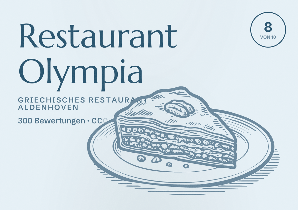 Illustriertes Poster von Restaurant Olympia, Griechisches Restaurant in Aldenhoven: Bewertung 8 von 10 aus 300 Bewertungen, Preisniveau €€