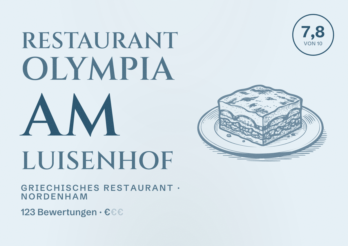 Illustriertes Poster von Restaurant Olympia am Luisenhof, Griechisches Restaurant in Nordenham: Bewertung 7,8 von 10 aus 123 Bewertungen, Preisniveau €