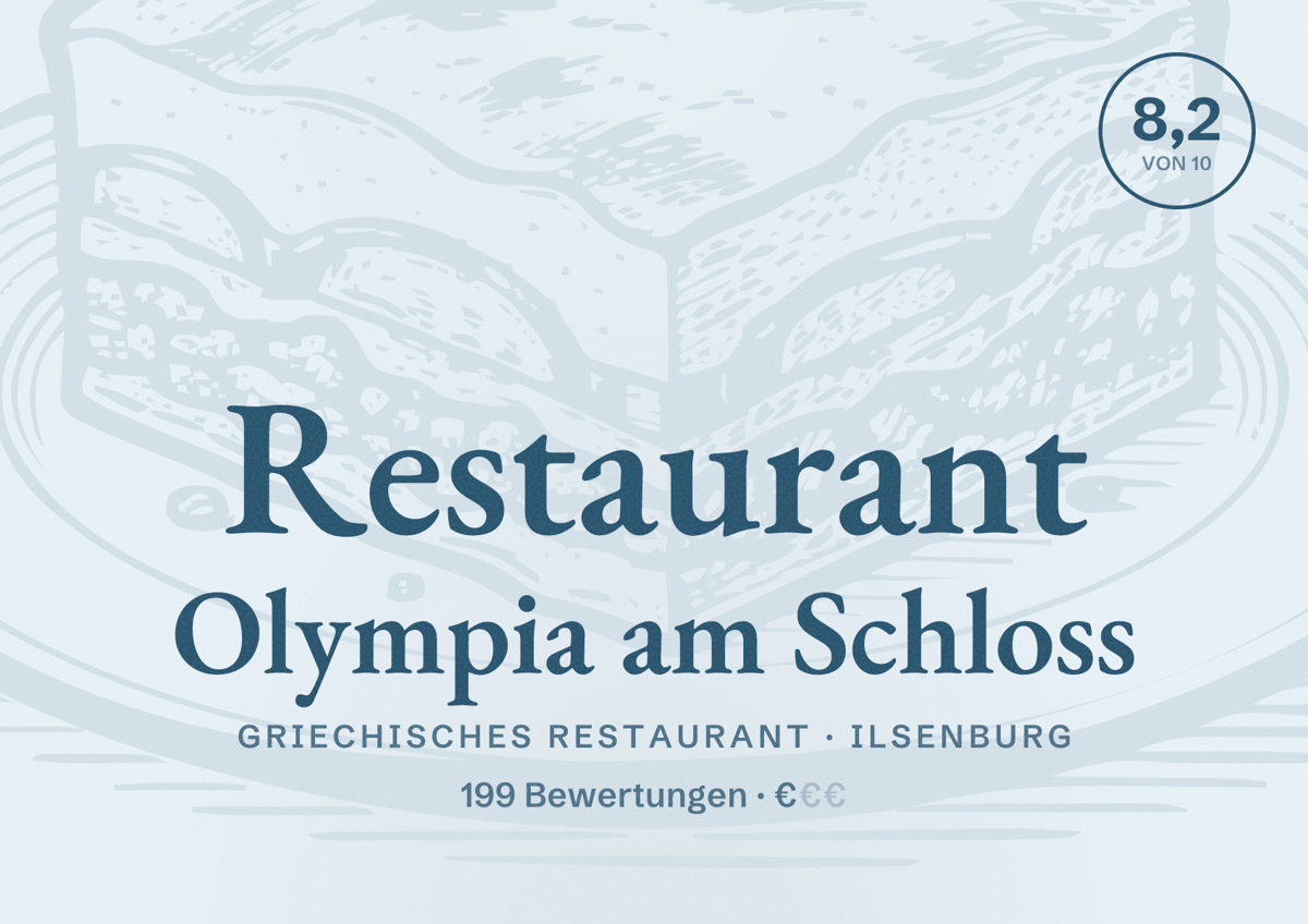 Illustriertes Poster von Restaurant Olympia am Schloss, Griechisches Restaurant in Ilsenburg: Bewertung 8,2 von 10 aus 199 Bewertungen, Preisniveau €
