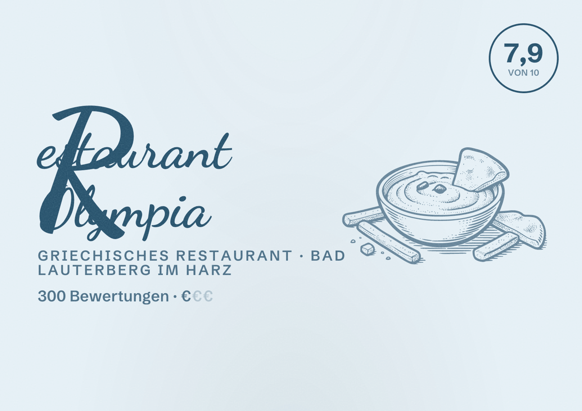 Illustriertes Poster von Restaurant Olympia, Griechisches Restaurant in Bad Lauterberg im Harz: Bewertung 7,9 von 10 aus 300 Bewertungen, Preisniveau €