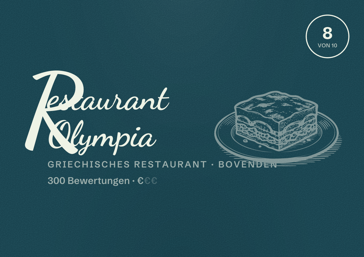 Illustriertes Poster von Restaurant Olympia, Griechisches Restaurant in Bovenden: Bewertung 8 von 10 aus 300 Bewertungen, Preisniveau €