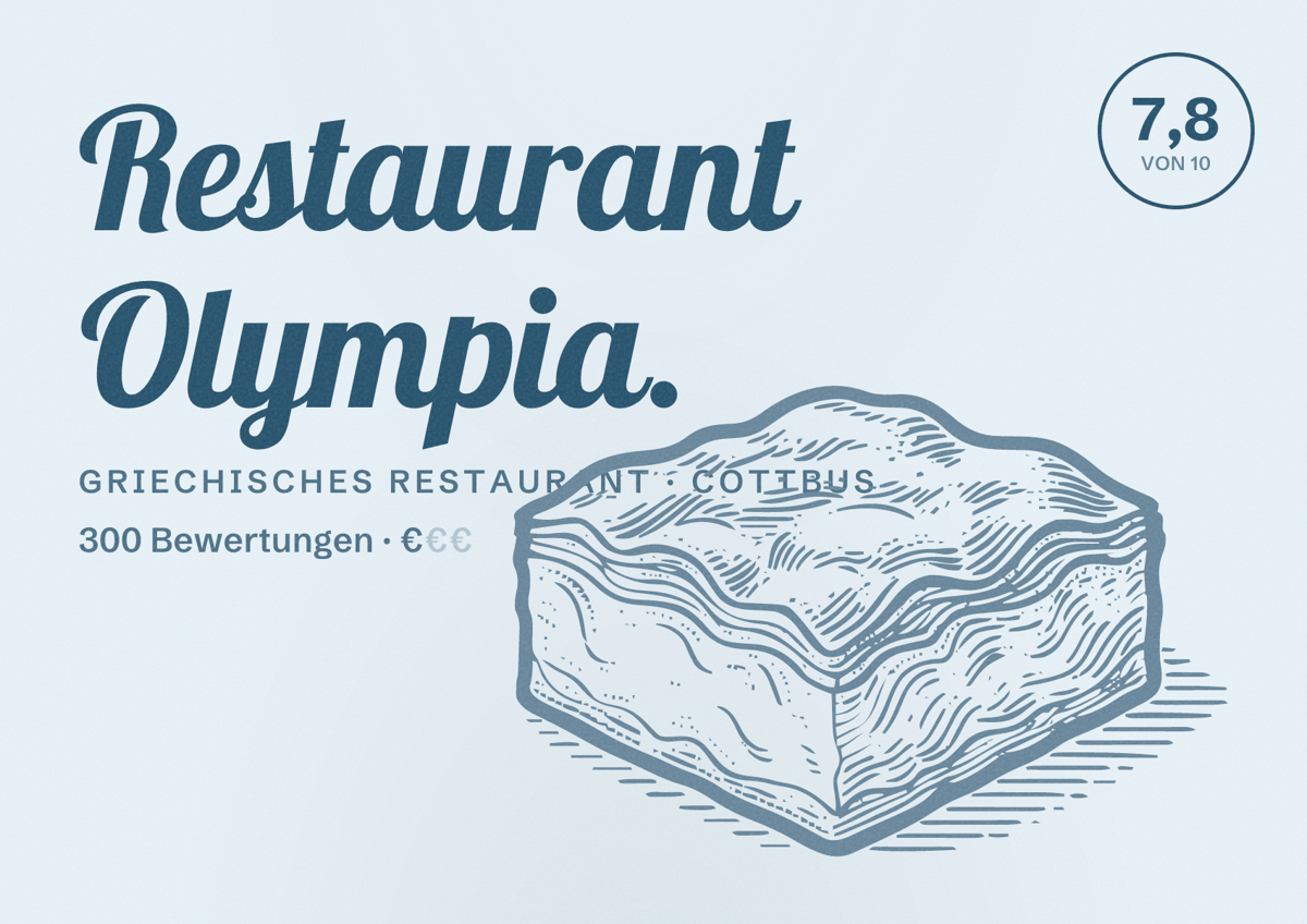 Illustriertes Poster von Restaurant Olympia., Griechisches Restaurant in Cottbus: Bewertung 7,8 von 10 aus 300 Bewertungen, Preisniveau €