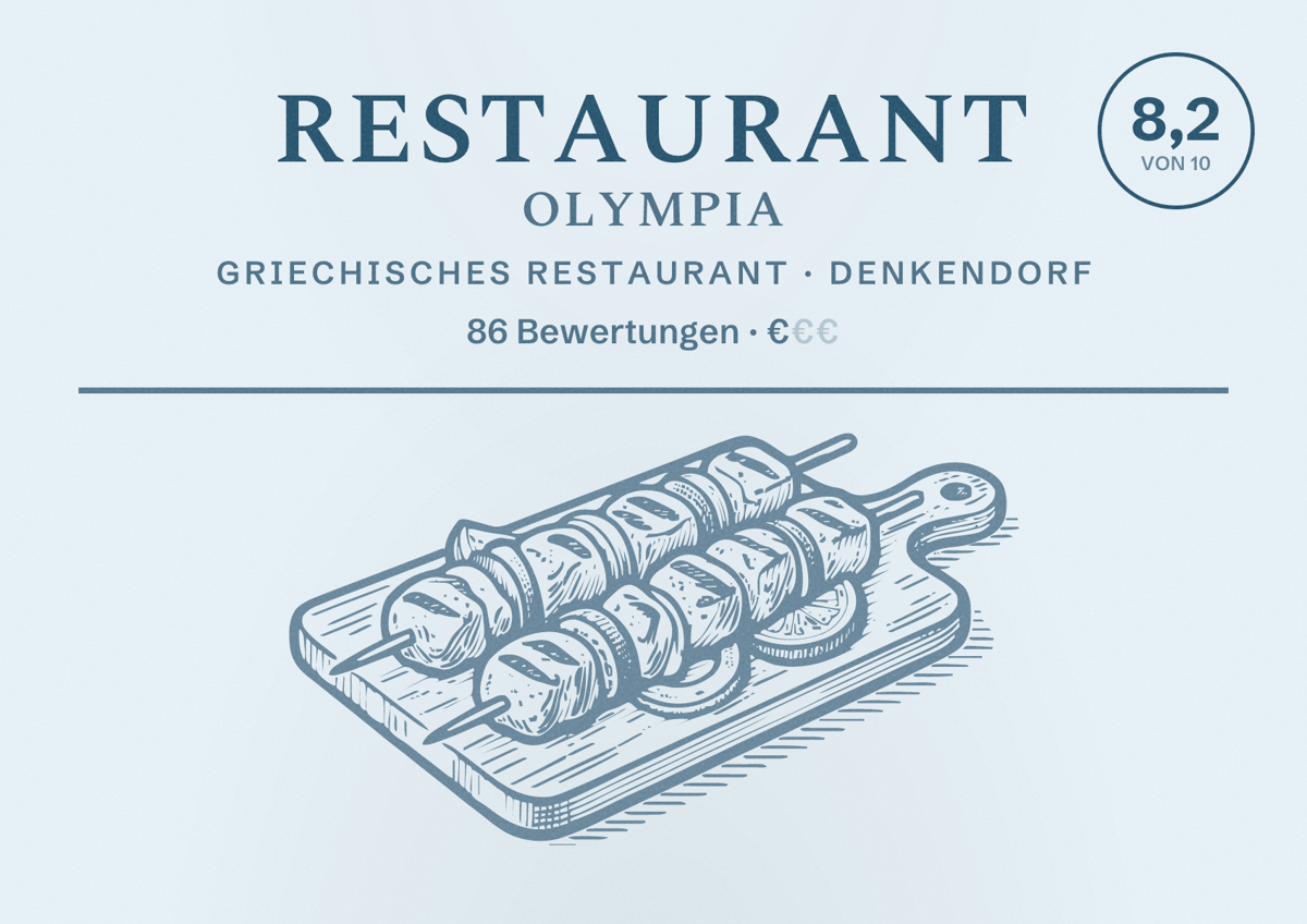 Illustriertes Poster von Restaurant Olympia, Griechisches Restaurant in Denkendorf: Bewertung 8,2 von 10 aus 86 Bewertungen, Preisniveau €