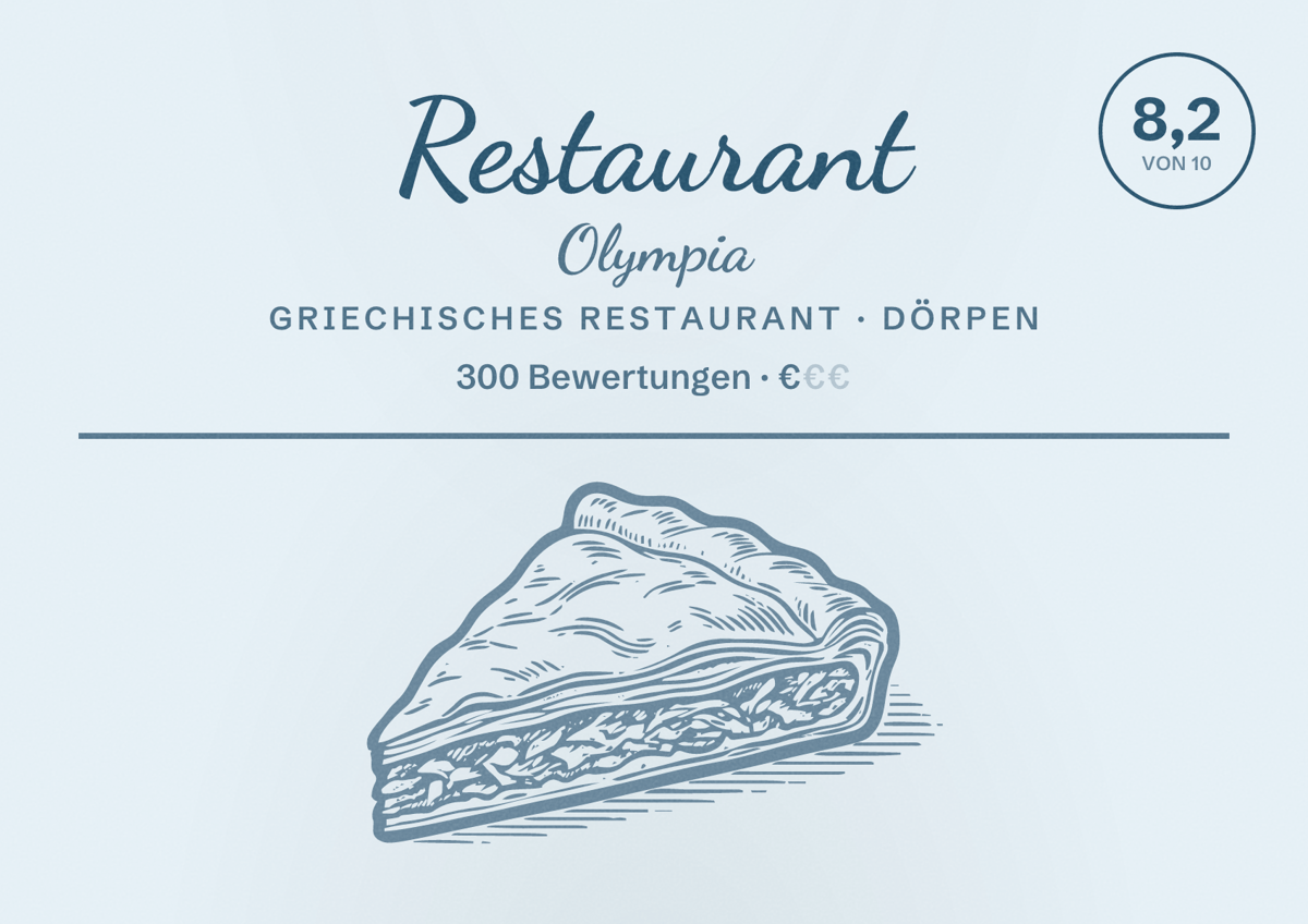 Illustriertes Poster von Restaurant Olympia, Griechisches Restaurant in Dörpen: Bewertung 8,2 von 10 aus 300 Bewertungen, Preisniveau €