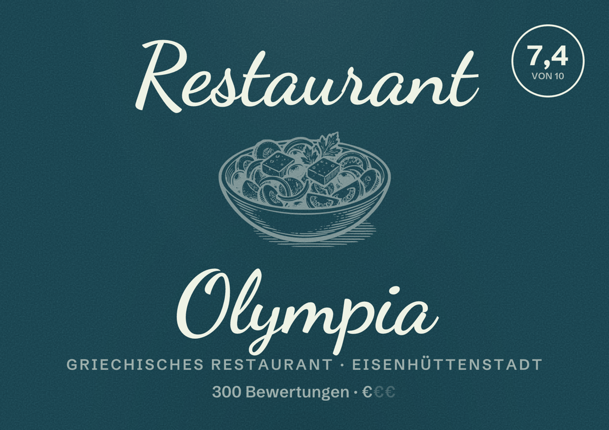 Illustriertes Poster von Restaurant Olympia, Griechisches Restaurant in Eisenhüttenstadt: Bewertung 7,4 von 10 aus 300 Bewertungen, Preisniveau €