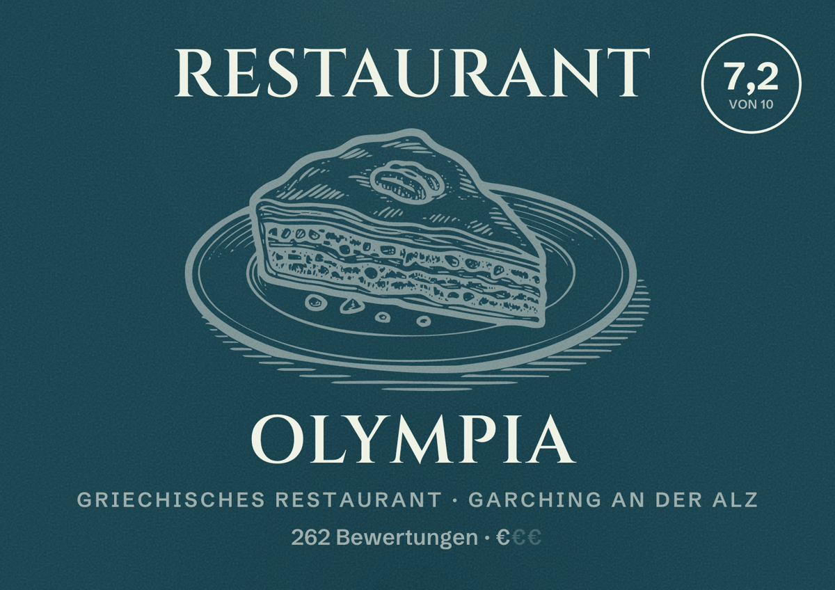Illustriertes Poster von Restaurant Olympia, Griechisches Restaurant in Garching an der Alz: Bewertung 7,2 von 10 aus 262 Bewertungen, Preisniveau €