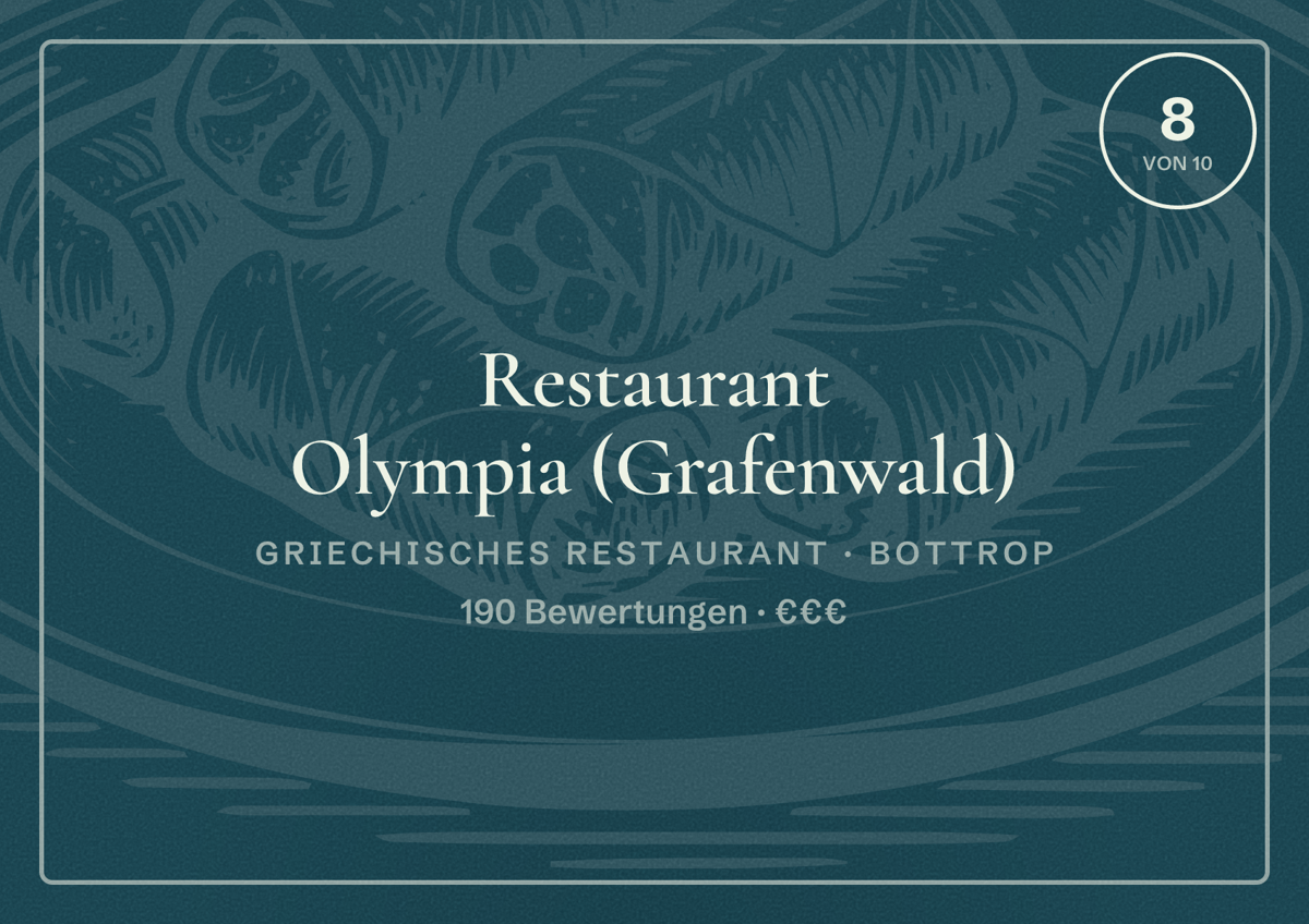 Illustriertes Poster von Restaurant Olympia (Grafenwald), Griechisches Restaurant in Bottrop: Bewertung 8 von 10 aus 190 Bewertungen, Preisniveau €€€