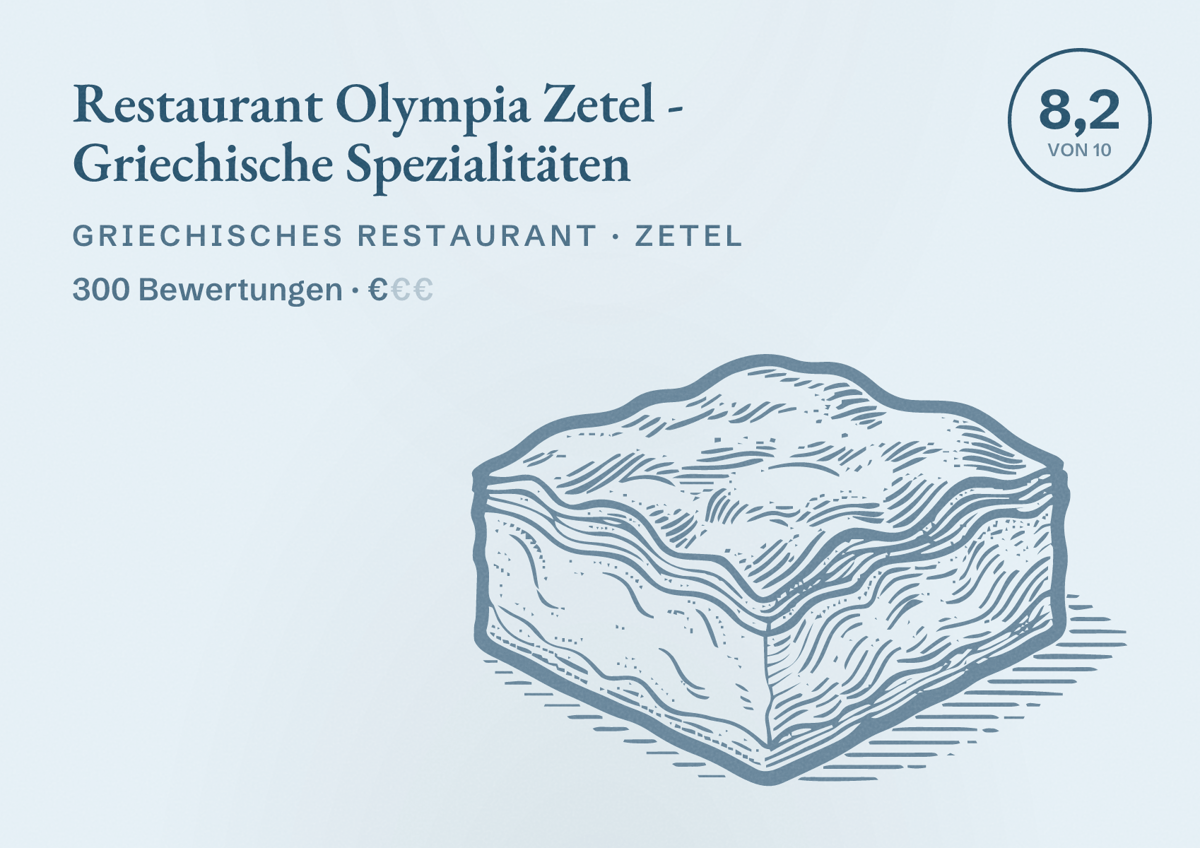 Illustriertes Poster von Restaurant Olympia Zetel - Griechische Spezialitäten, Griechisches Restaurant in Zetel: Bewertung 8,2 von 10 aus 300 Bewertungen, Preisniveau €