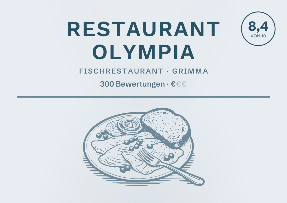 Illustriertes Poster von Restaurant Olympia, Fischrestaurant in Grimma: Bewertung 8,4 von 10 aus 300 Bewertungen, Preisniveau €