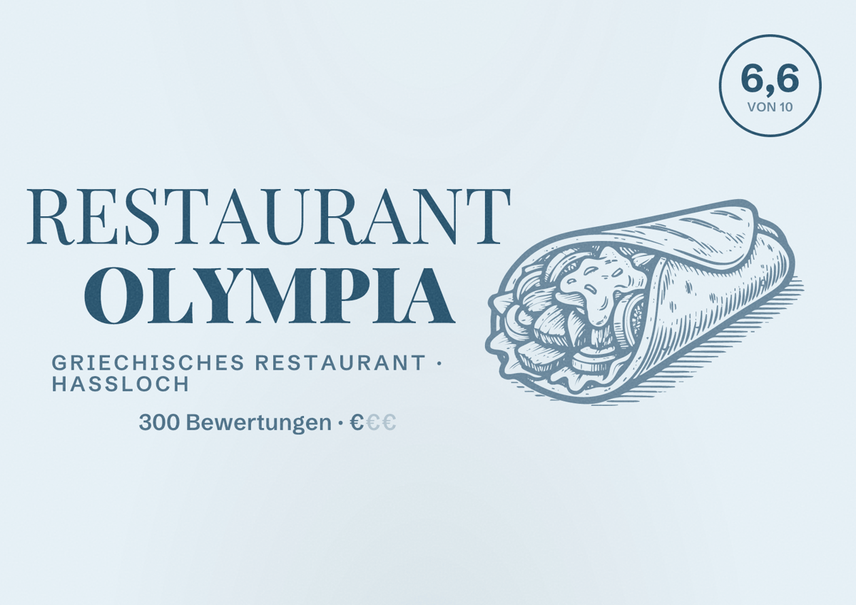 Illustriertes Poster von RESTAURANT OLYMPIA, Griechisches Restaurant in Haßloch: Bewertung 6,6 von 10 aus 300 Bewertungen, Preisniveau €