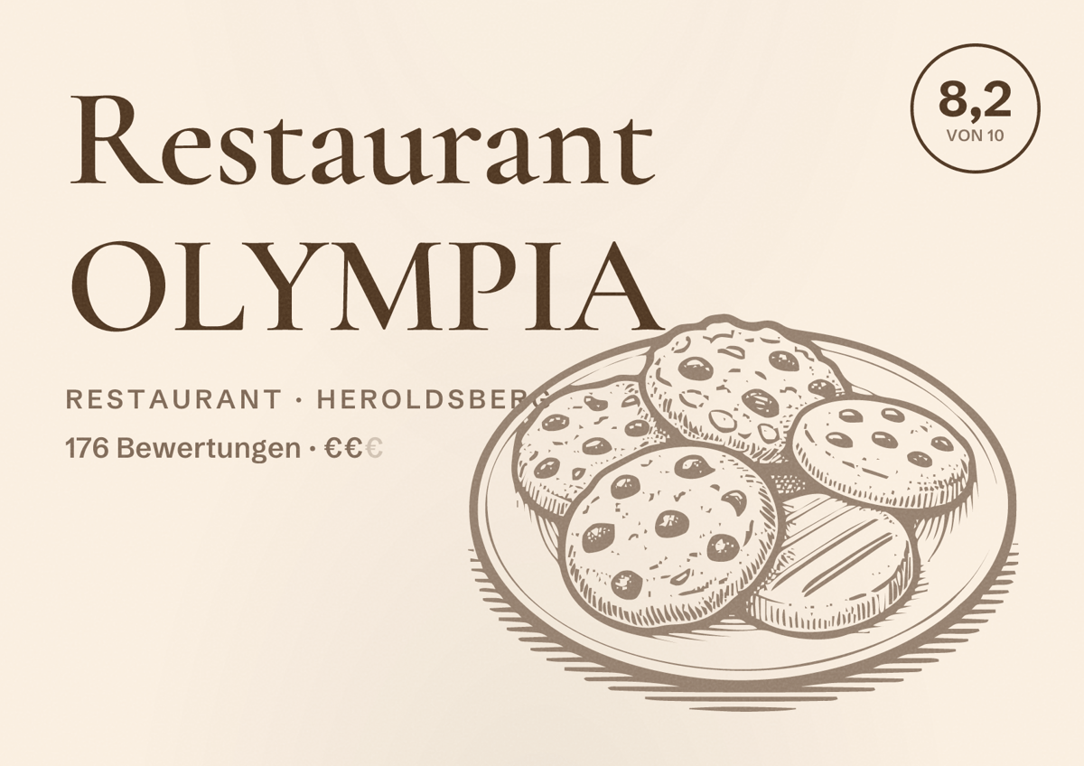Illustriertes Poster von Restaurant OLYMPIA, Restaurant in Heroldsberg: Bewertung 8,2 von 10 aus 176 Bewertungen, Preisniveau €€