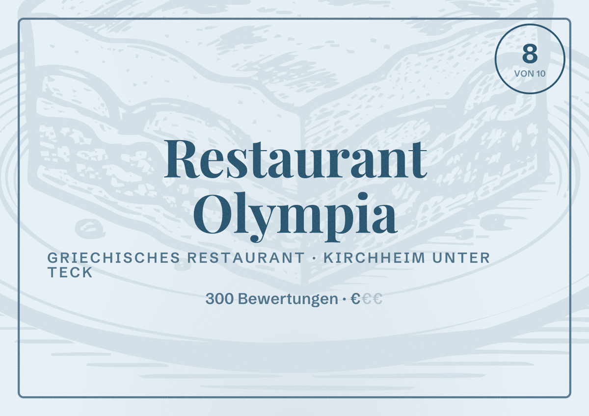 Illustriertes Poster von Restaurant Olympia, Griechisches Restaurant in Kirchheim unter Teck: Bewertung 8 von 10 aus 300 Bewertungen, Preisniveau €
