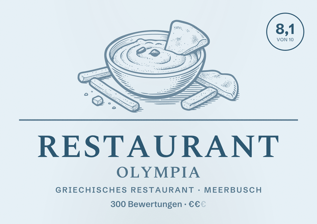 Illustriertes Poster von Restaurant Olympia, Griechisches Restaurant in Meerbusch: Bewertung 8,1 von 10 aus 300 Bewertungen, Preisniveau €€