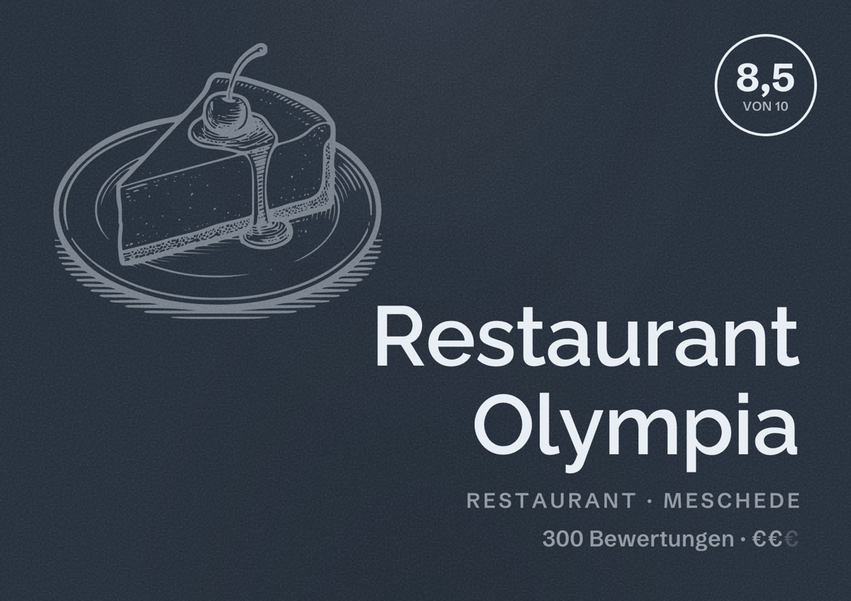 Illustriertes Poster von Restaurant Olympia, Restaurant in Meschede: Bewertung 8,5 von 10 aus 300 Bewertungen, Preisniveau €€