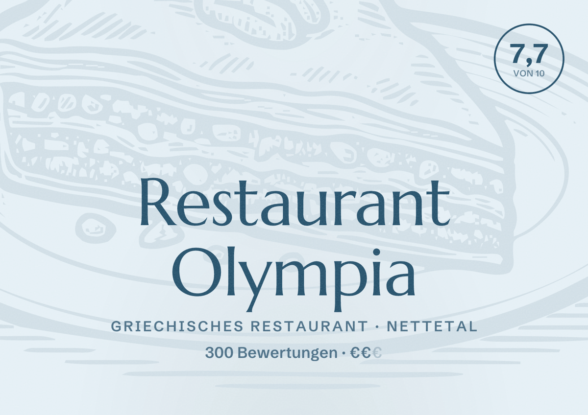 Illustriertes Poster von Restaurant Olympia, Griechisches Restaurant in Nettetal: Bewertung 7,7 von 10 aus 300 Bewertungen, Preisniveau €€