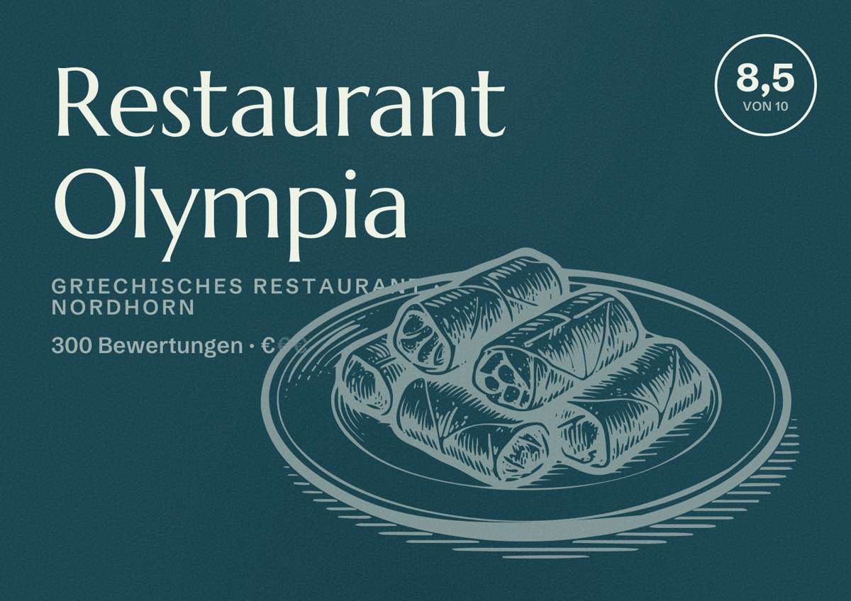 Illustriertes Poster von Restaurant Olympia, Griechisches Restaurant in Nordhorn: Bewertung 8,5 von 10 aus 300 Bewertungen, Preisniveau €