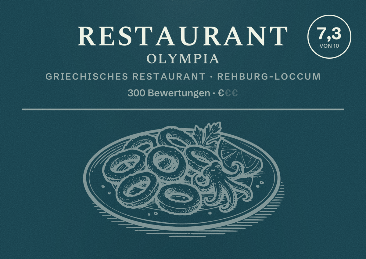 Illustriertes Poster von Restaurant Olympia, Griechisches Restaurant in Rehburg-Loccum: Bewertung 7,3 von 10 aus 300 Bewertungen, Preisniveau €