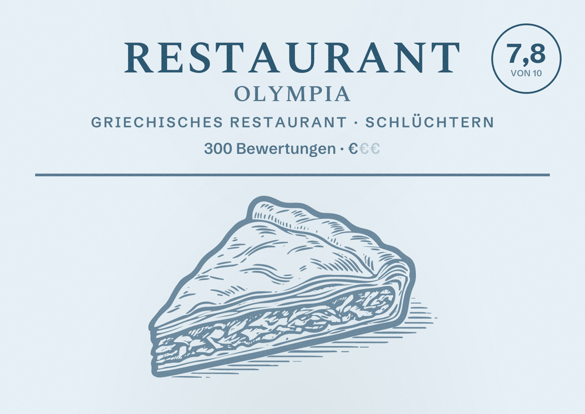 Illustriertes Poster von Restaurant Olympia, Griechisches Restaurant in Schlüchtern: Bewertung 7,8 von 10 aus 300 Bewertungen, Preisniveau €
