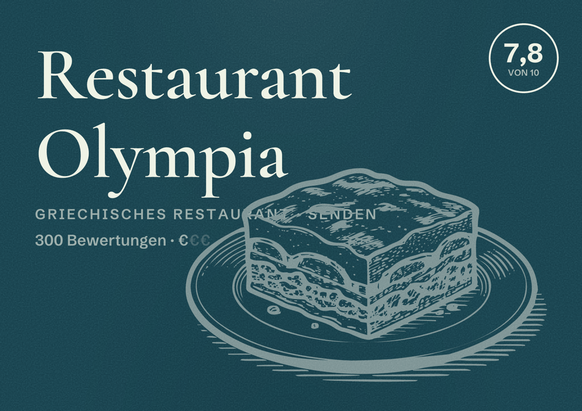 Illustriertes Poster von Restaurant Olympia, Griechisches Restaurant in Senden: Bewertung 7,8 von 10 aus 300 Bewertungen, Preisniveau €