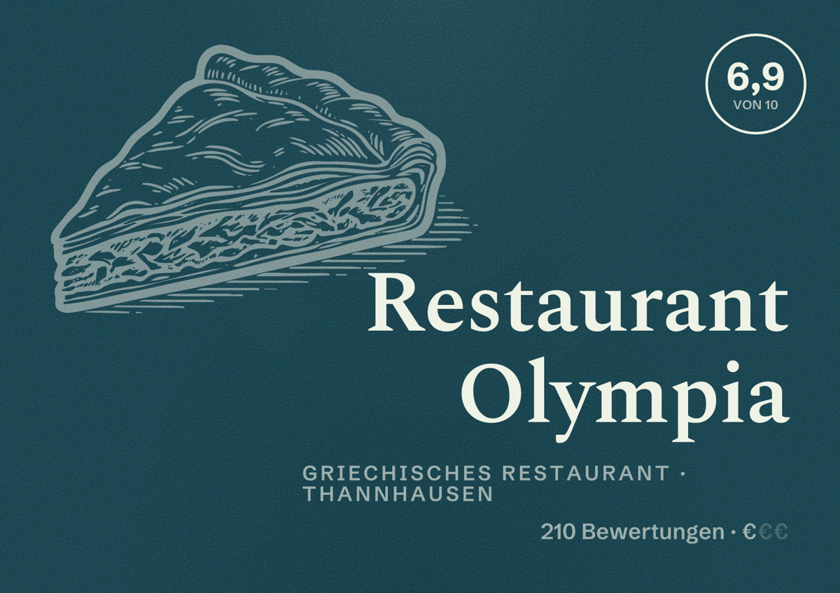 Illustriertes Poster von Restaurant Olympia, Griechisches Restaurant in Thannhausen: Bewertung 6,9 von 10 aus 210 Bewertungen, Preisniveau €