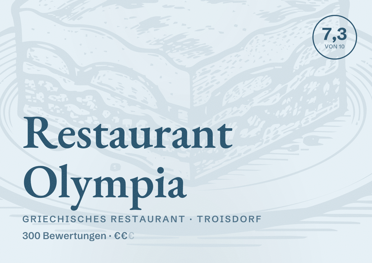 Illustriertes Poster von Restaurant Olympia, Griechisches Restaurant in Troisdorf: Bewertung 7,3 von 10 aus 300 Bewertungen, Preisniveau €€
