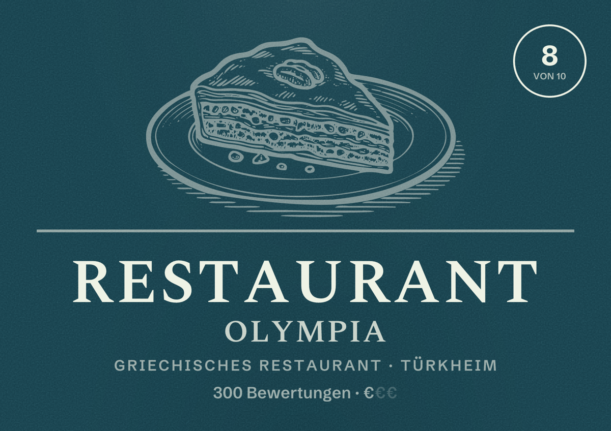 Illustriertes Poster von Restaurant Olympia, Griechisches Restaurant in Türkheim: Bewertung 8 von 10 aus 300 Bewertungen, Preisniveau €