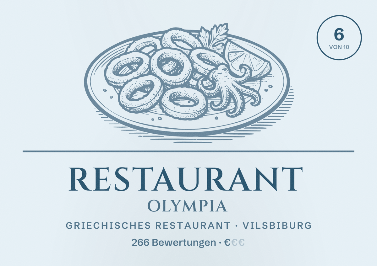 Illustriertes Poster von Restaurant Olympia, Griechisches Restaurant in Vilsbiburg: Bewertung 6 von 10 aus 266 Bewertungen, Preisniveau €